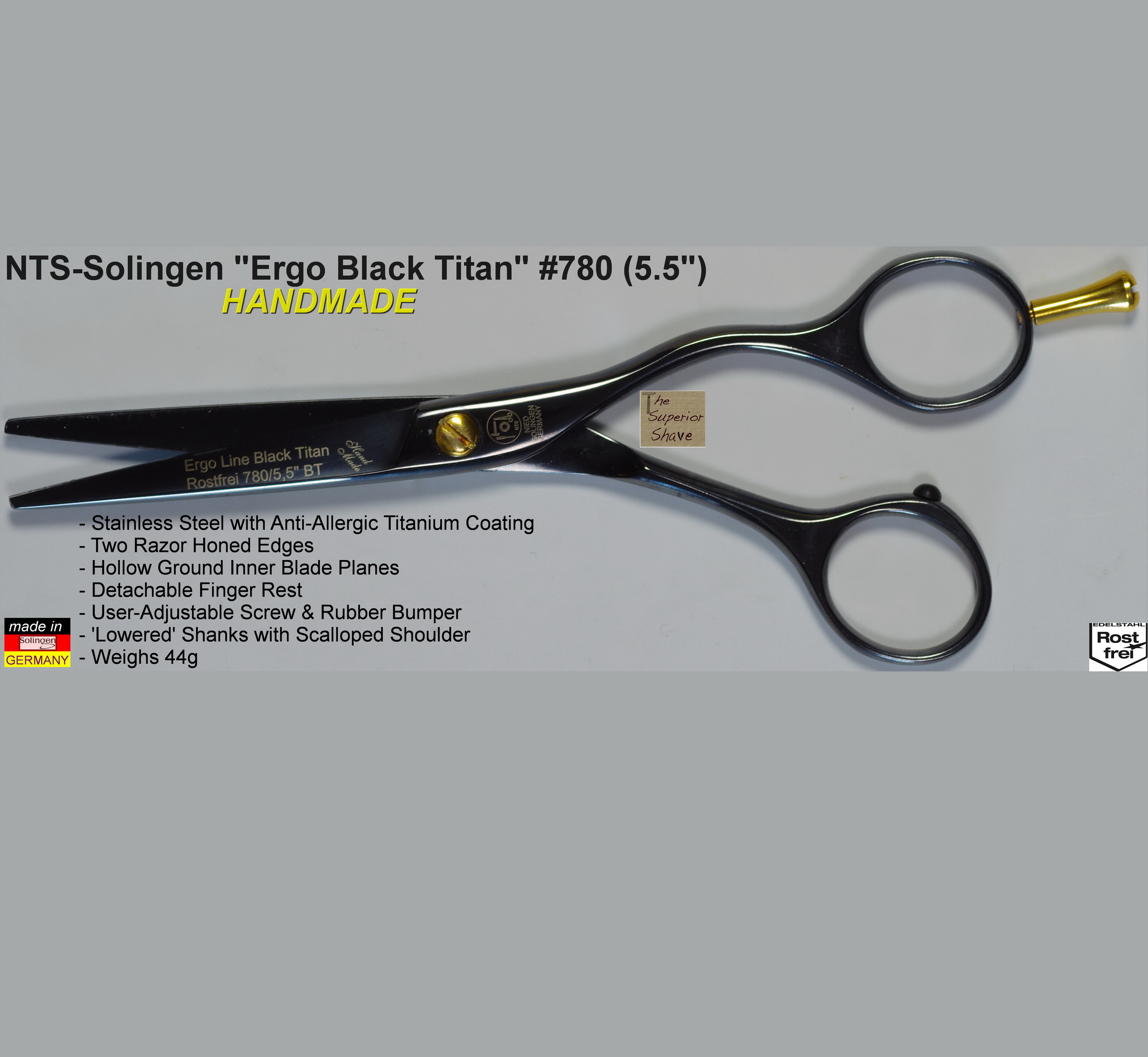 NTS Solingen Black Titan 205 LEFTHANDED Thinning Shears Scissors, 5.5″  Length with 35 Teeth, Titanium Coating, INOX Rostfrei Stainless Steel
