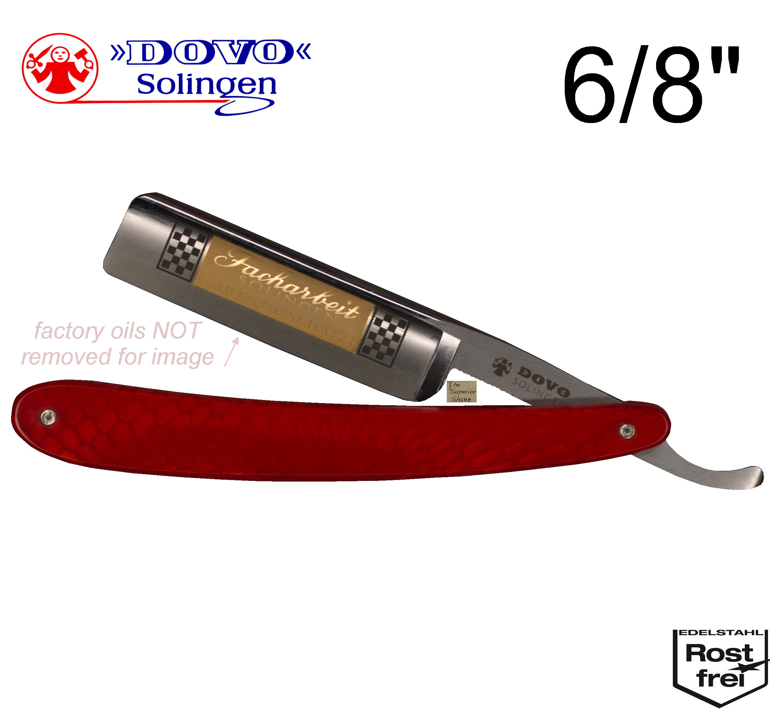 Dovo Facharbeit German Straight Razor 136813315 | Stainless Steel | 6/8  Size | Full Hollow Ground | Square Point | Red Acrylic Handle, Reptile Look  | Made in Germany | HISTORIC 1967-1971