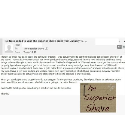 This SKU is for the benefit of the theshaveden.com's ~owner/operator (never does make his role clear, but certainly controls content there), and others, so that they can read these countless unsolicited testimonials on the benefits of concaving a razor bevel, and ask for themselves whether they find it plausible that these people writing to thesuperiorshave are shills, misguided newbies, experts with absurdly critical standards, or just average users that are experiencing a dramatic difference in the ease of their honing and shaving from leaving the absurdity of a flat/flush bevel and exploring the benefits to deliberately concaving their razor's bevel.